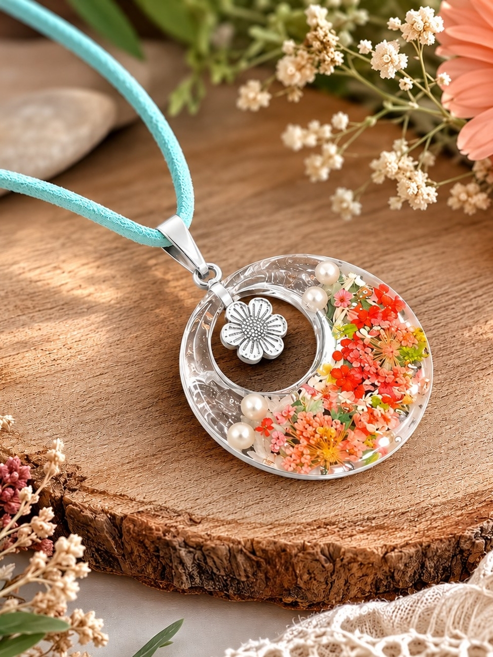Floral Resin Circle Pendant Necklace in Blue with Pearls